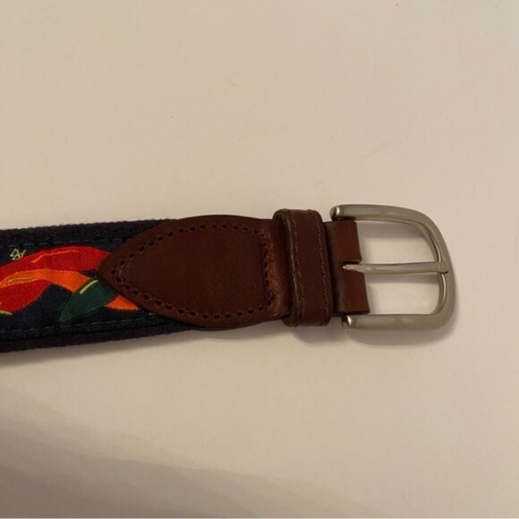 THE BELTED COW BELT BLUE CANVAS RED CHILI PEPPER BROWN LEATHER SIZE 34 USA - Picture 5 of 8